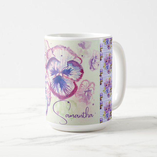 Caneca De Café Panteras Pansíveis Flor Flor de Aquarela Púrpura C (Frente Esquerda)