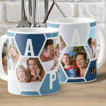 Caneca De Café Papa 5 Foto Editável 4 Letras Bee e Honeycomb<br><div class="desc">Caneca de café de mel, personalizada com 5 de suas fotos favoritas e impressa com um nome de 4 letras, como o PAPA. A design apresenta uma colagem de fotos em favos de mel em uma paleta colorida de azul e cinza, com uma abelha fofinha. Se quiser alterar as cores,...</div>