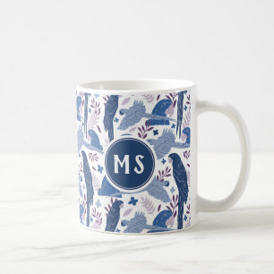 Caneca De Café Papagaio Ara Monograma com Folhas Tropicais em Azu