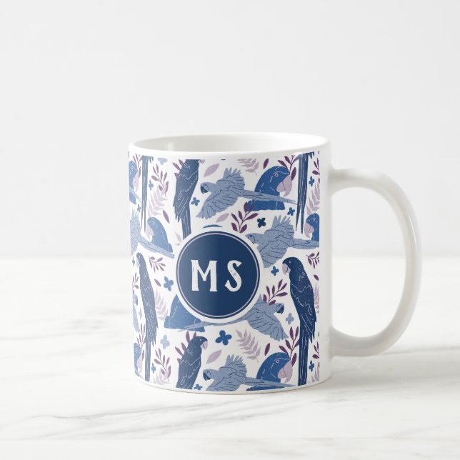 Caneca De Café Papagaio Ara Monograma com Folhas Tropicais em Azu (Direita)