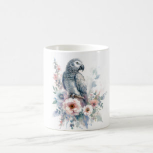 Caneca De Café Papagaio Cinzento Africano Aquarela Floral