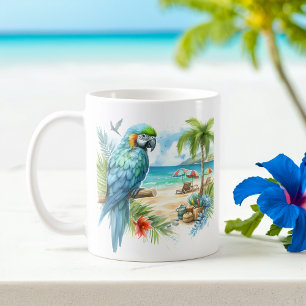 Caneca De Café Papagaio de Aquarela de Verão na praia