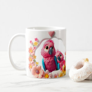 Caneca De Café Papagaio e Flores Felizes 3D