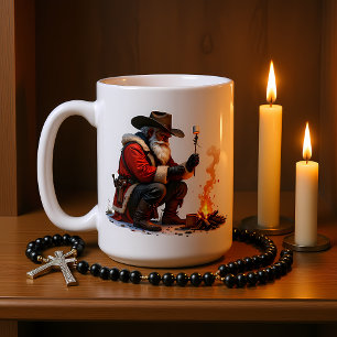 Caneca De Café Papai Noel Caubói Tosta Marshmallow na Fogueira