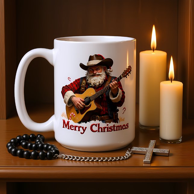 Caneca De Café Papai Noel Cowboy Tocando Violão (Criador carregado)