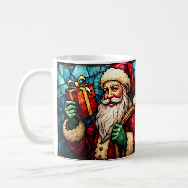 Caneca De Café Papai Noel em estilo de vitral com presente (Esquerda)