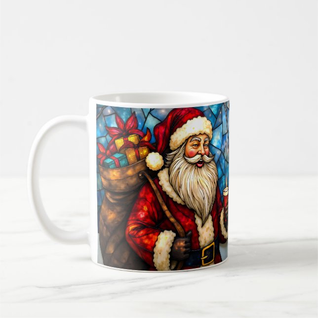 Caneca De Café Papai Noel em estilo de vitral com vela (Esquerda)