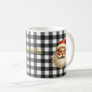 Caneca De Café Papai Noel em Xadrez Preto e Branco Buffalo e Nome