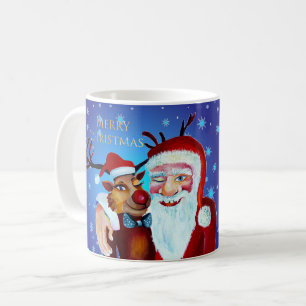 Caneca De Café Papai Noel Mágico Aquarela Rindo Rudolph
