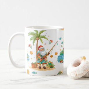 Caneca De Café Papai Noel Natal Pescando no Verão