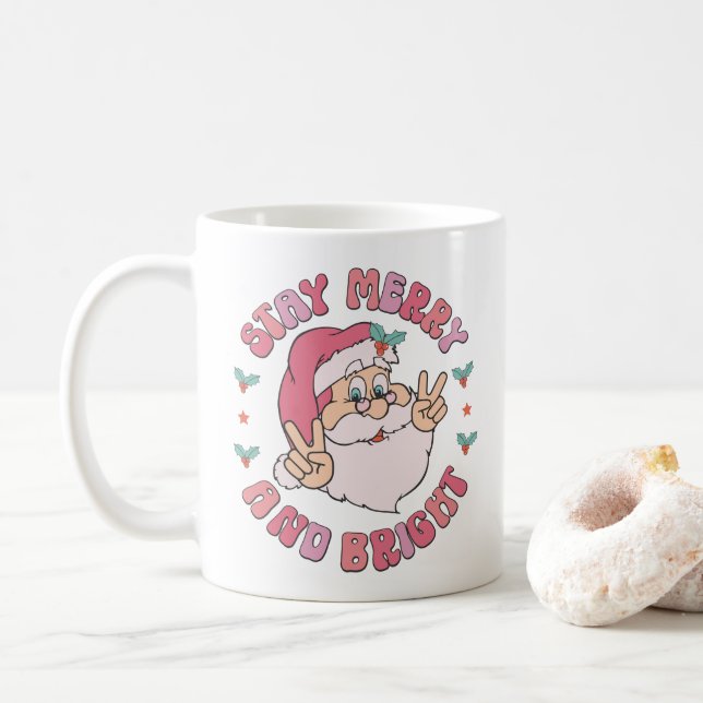 Caneca De Café Papai Noel Retro Alegre e Brilhante (Com Donut)