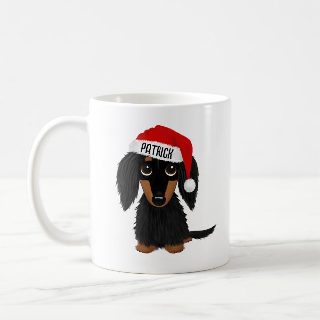 Caneca De Café Papais noeis Dachshund Pretos e Longos, Personaliz (Esquerda)