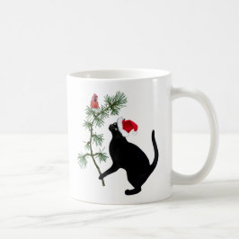 Caneca De Café Papais noeis de gato preto com pássaro vermelho