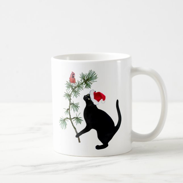 Caneca De Café Papais noeis de gato preto com pássaro vermelho (Direita)