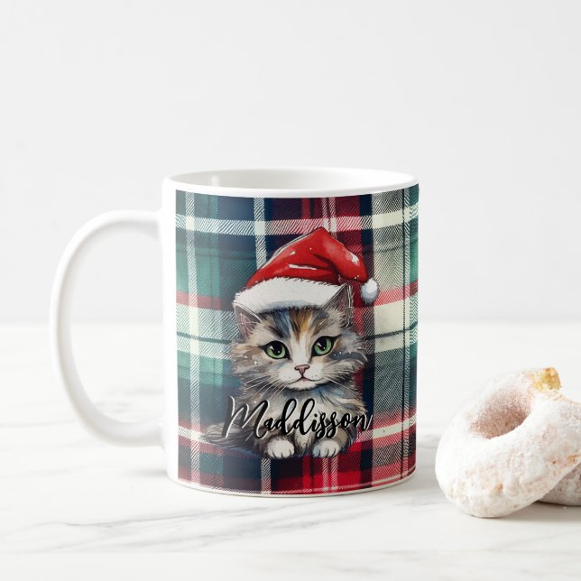 Caneca De Café Papais noeis de Xadrez de Natal Gato com Nome (Com Donut)