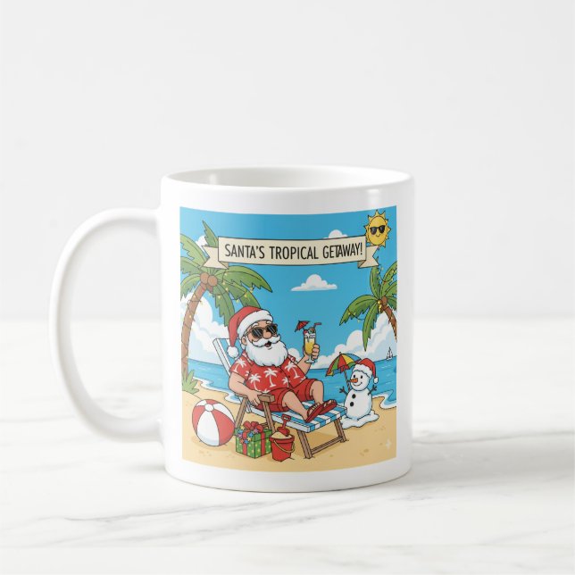 Caneca De Café Papais noeis e boneco de neve na praia (Esquerda)