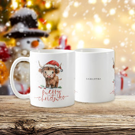 Caneca De Café Papais noeis Highland Cow Script Name Feliz Natal