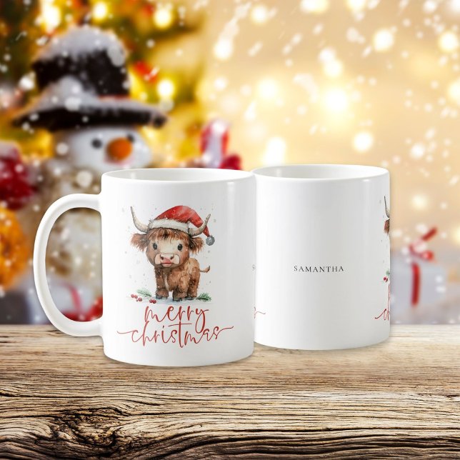 Caneca De Café Papais noeis Highland Cow Script Name Feliz Natal (Personalise with a name)