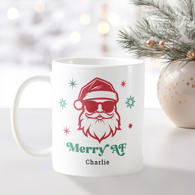 Caneca De Café Papais noeis legal de feliz AF em óculos escuros e (Merry AF cool Santa in sunglasses retro stars Coffee Mug)