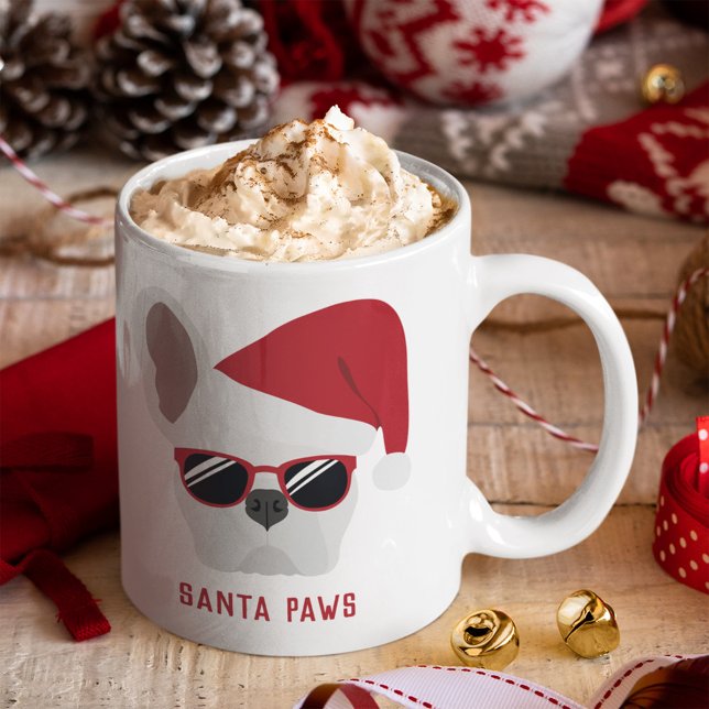 Caneca De Café Papais noeis Paws Natal White Buldogue (Criador carregado)