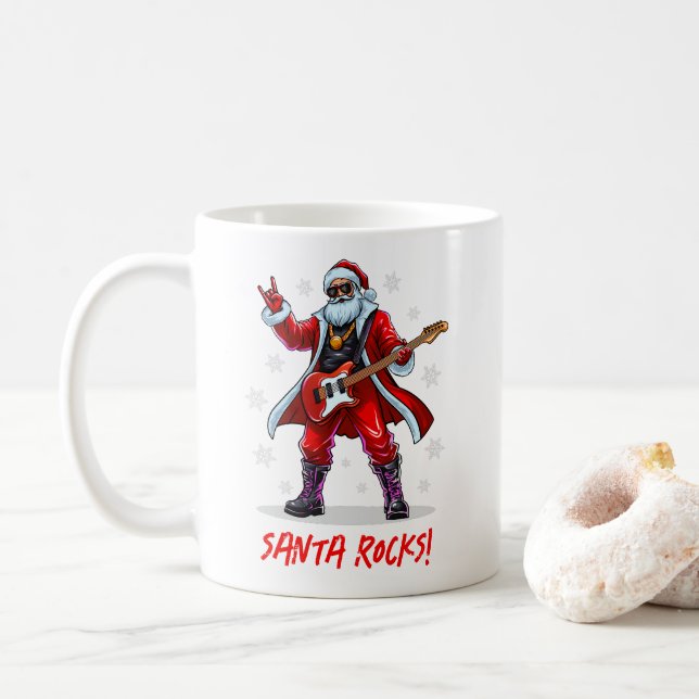 Caneca De Café Papais noeis Rocks! Engraçado Papai Noel tocando v (Com Donut)