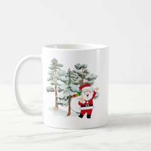 Caneca De Café Papais noeis vermelhos ilustrados com árvores verd