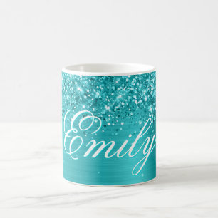 Caneca De Café Papel alumínio azul turquesa glitter personalizado