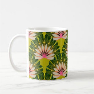 Caneca De Café Papel de parede de lótus estilizado: rosa, verde.