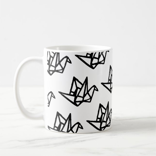 Caneca De Café Papel original preto e branco Crane Linocut (Esquerda)
