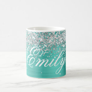 Caneca De Café Papel Prateado Personalizado com Brilho Turquesa
