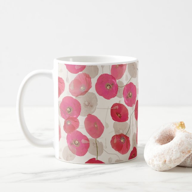 Caneca De Café Papoulas Rosa e Vermelha Floral (Com Donut)