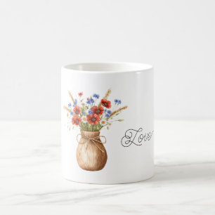 Caneca De Café Papoulas Vermelhas Flores Azuis