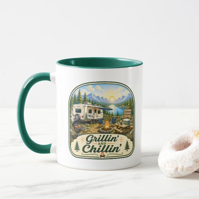 Caneca de Café para Campistas - Grillin 'e Chillin (Com Donut)