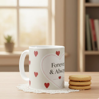 Caneca De Café "Para Sempre & Sempre" Padrão de Coração Vermelho