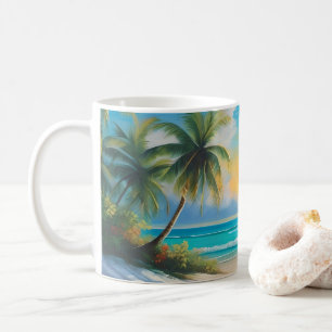 Caneca De Café Paraíso Tropical Colorido Mar e Palmeiras