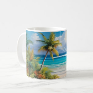 Caneca De Café Paraíso Tropical Colorido Mar & Palmeiras