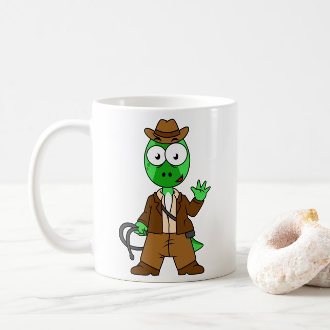 Caneca De Café Parasaurolophus Vestido Como Indiana Jones. (Com Donut)