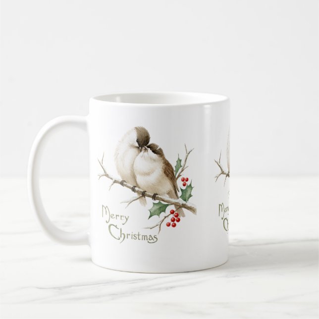 Caneca De Café Pardais num Ramo de Natal (Esquerda)