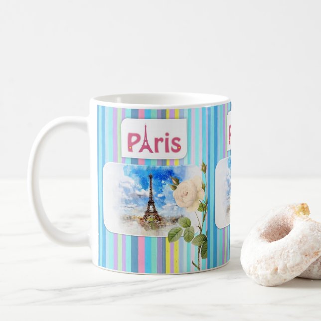 Caneca De Café Paris França Blue Stripe Mug (Com Donut)