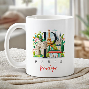 Caneca De Café Paris França Monograma Letra P Presente Personaliz
