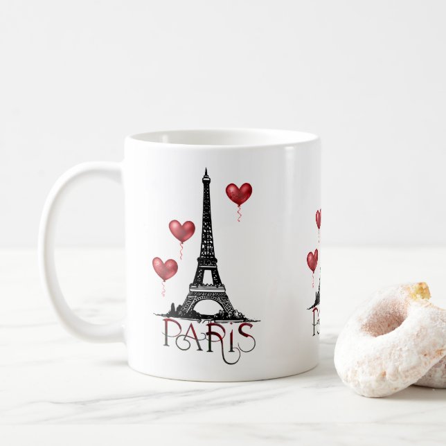 Caneca De Café Paris, Torre Eiffel e Balões Vermelhos (Com Donut)