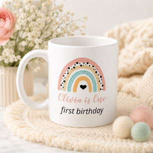 Caneca De Café Partido do primeiro aniversario Arco-Íris e Coraçõ
