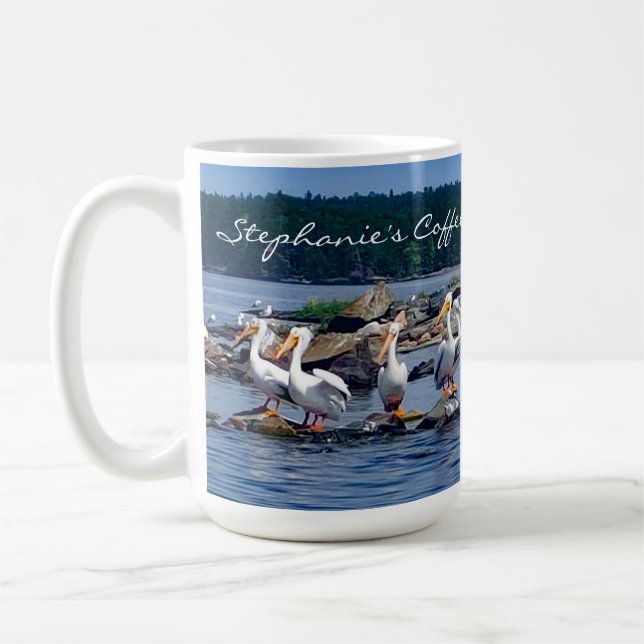 Caneca De Café Partido Pelicanos Brancos no Lago Personalizado (Esquerda)