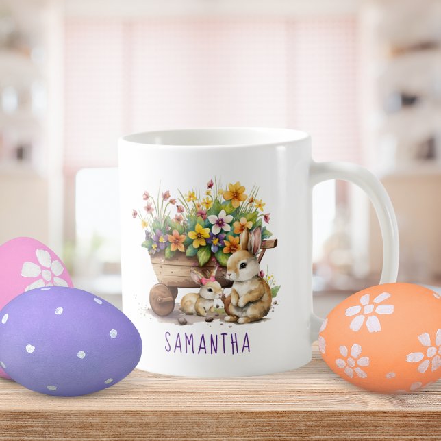 Caneca De Café Páscoa de Meninos Personalizados (Cute Bunnies Custom Name Girl Easter Coffee Mug)