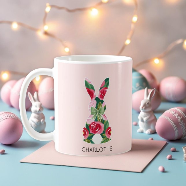 Caneca De Café Páscoa Rosa Personalizada - Coelhinho de Páscoa (Personalized Pink Easter Bunny Mug)