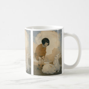 Caneca De Café Páscoa Vintage, Criança Brincando com Coelhos Bran