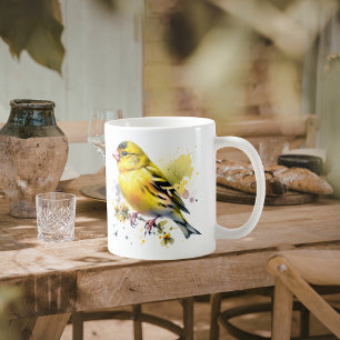 Caneca De Café Pássaro Amarelo Aquarela da Natureza