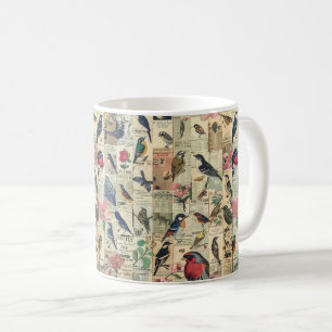 Caneca De Café Pássaro Borboleta Jornal Botânico Vintage