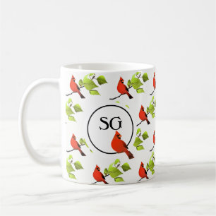 Caneca De Café Pássaro Cantador Cardinal com Monograma em Galho d