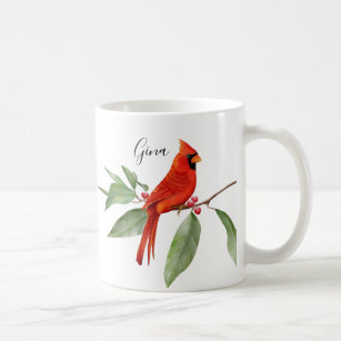 Caneca De Café Pássaro Cardinal Vermelho com Aquarela Monograma